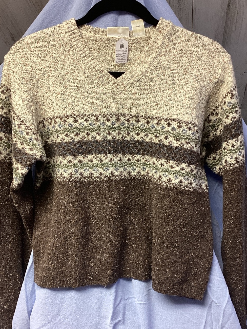 Women’s Brown and Cream Fair Isle V-Neck Sweater